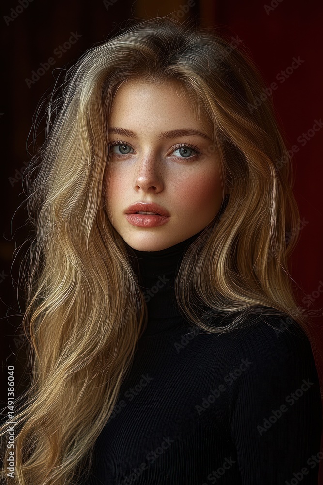 Fototapeta premium Portrait of a young woman with long wavy blonde hair, light freckles, and blue eyes wearing a black turtleneck against a dark background expressing calm and confidence
