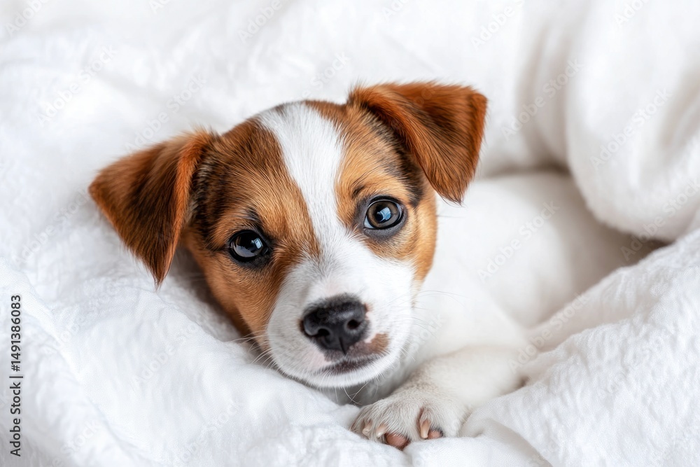 Cute puppy nestled in white sheets Cute puppy nestled in white sheets