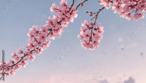 Floating pink sakura petals against a pale pastel sky ,  bloom,  flower,  backdrop
