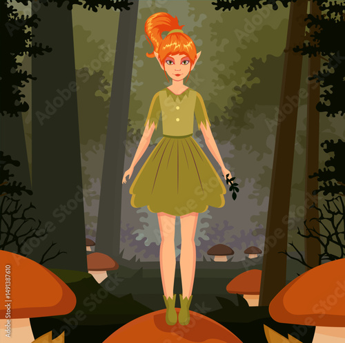 Vector image of a red-haired elf girl. A pointy-eared character, an elf in the forest. A beautiful fairy.
