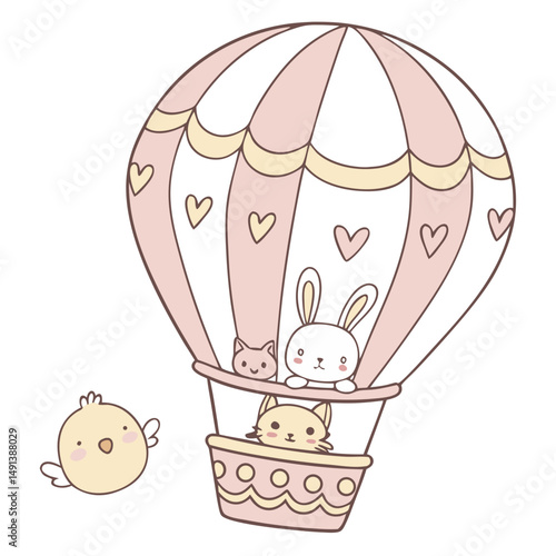 Floating Hot Air Balloon with Cuddly Animals - No Background. Perfect for: Children's Day, Animal-Themed Festival, Baby Shower