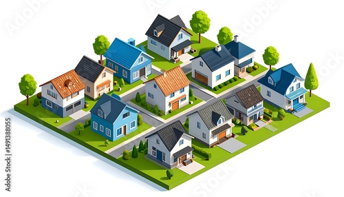 Suburban neighborhood isometric view.