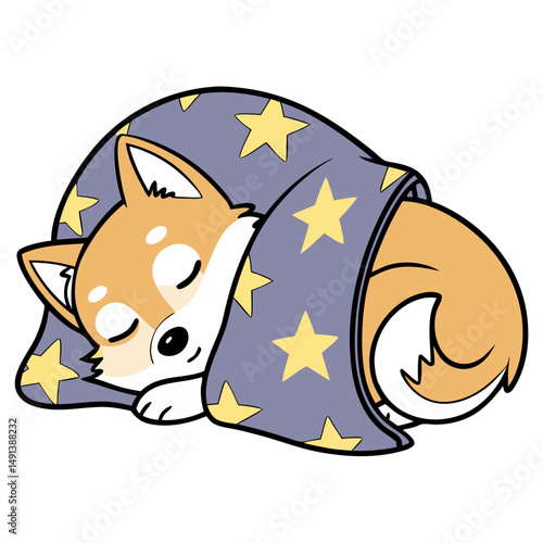 Sleeping Shiba Inu with Star Blanket - No Background. Perfect for: Winter Nights, Pet-Themed Decor, Relaxation Season