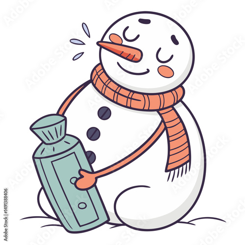 Cute Snowman with Hot Water Bottle Illustration. Perfect for: Winter Festival, Hugging Day, Snow Season