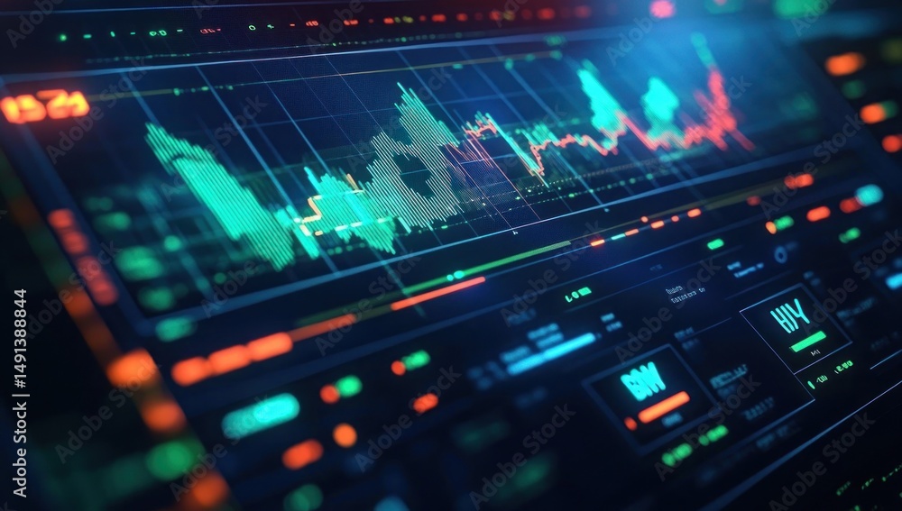 Close-up view of a digital financial dashboard displaying dynamic colorful graphs and numerical data with a futuristic glowing interface Close-up view of a digital financial dashboard displaying dynamic colorful graphs and numerical data with a futuristic glowing interface
