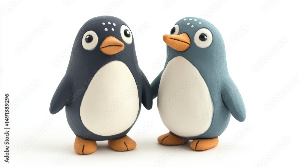 Fototapeta premium Two adorable cartoon penguins holding hands against a white background.