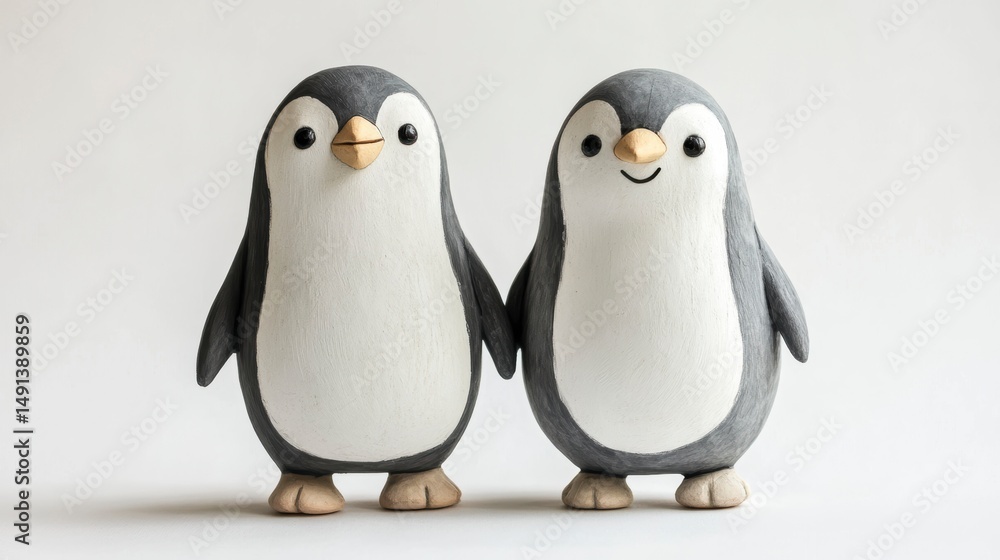 Fototapeta premium Two cute wooden penguins holding hands against a white background.