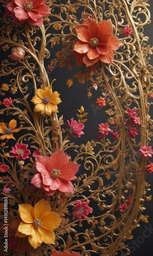 Intricate gold filigree; multicolored blossoms, rich textures, damask, metallic