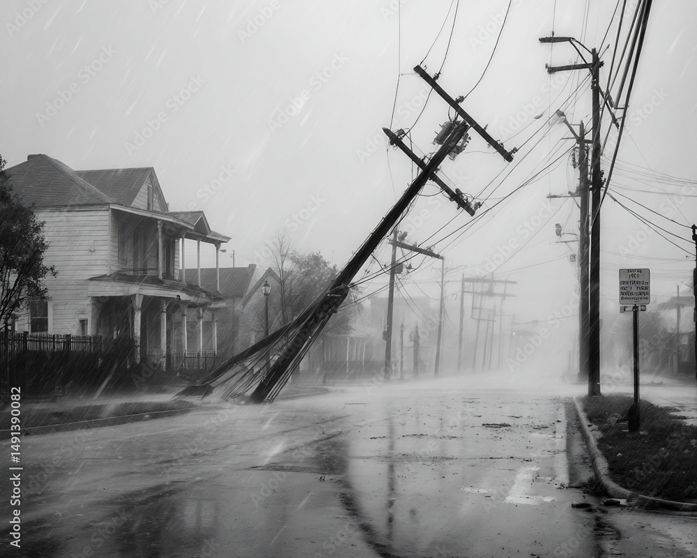 Fototapeta premium Residential Street with Fallen Utility Pole During Heavy Rainfall