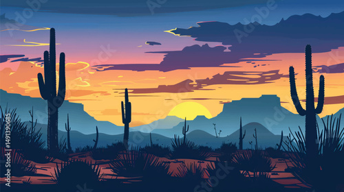 Cacti in a desert landscape. silhouette illustration