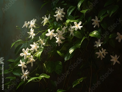 Jasmine vines gracefully twining in side-profile shot, releasing heady fragrance and capturing botanical elegance exquisitely