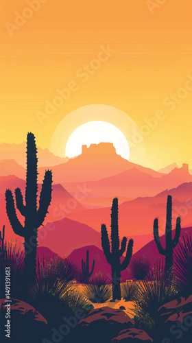 Cacti in a desert landscape. silhouette illustration