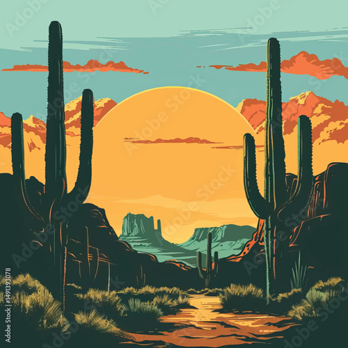 Cacti in a desert landscape. silhouette illustration