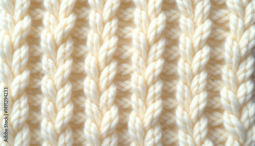 Primer plano de textura de tejido de punto trenzado de lana blanco crema, hilo grueso. Suave, acogedor, fibras naturales, artesanía textil. Comodidad, hecho a mano, suéter clásico , manta de invierno.