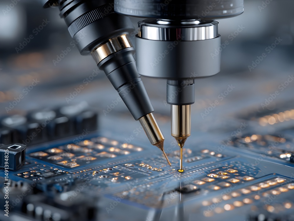 Overhead shot of PCB pick-and-place machine in action, populating electronic components with precise robotic accuracy Overhead shot of PCB pick-and-place machine in action, populating electronic components with precise robotic accuracy