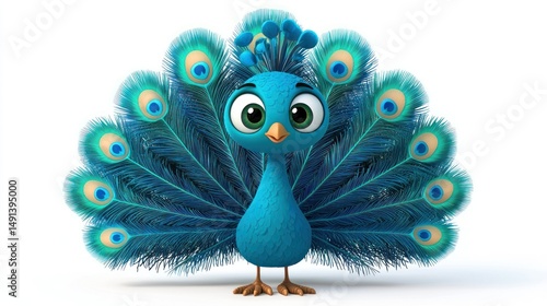 Cute cartoon peacock with vibrant plumage