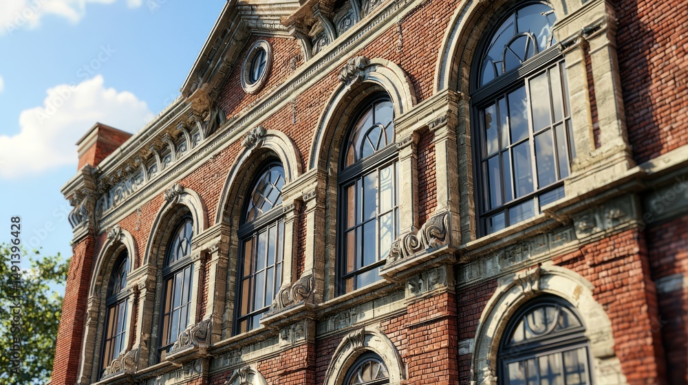 Fototapeta premium Historic Brick Building with Arched Windows and Detailed Architecture Design