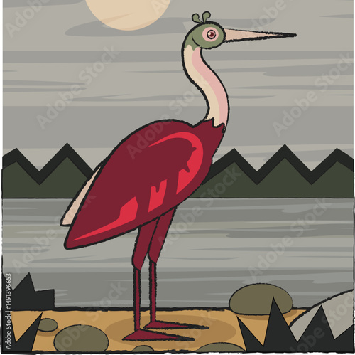 Vector image of a heron. Colorful picture in children's style. Spoonbill. Platalea leucorodia. A wading bird of the ibis family.
