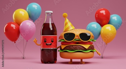 Festive celebration featuring a cheerful burger character wearing party accessories alongside a playful soda bottle against colorful balloon backdrop