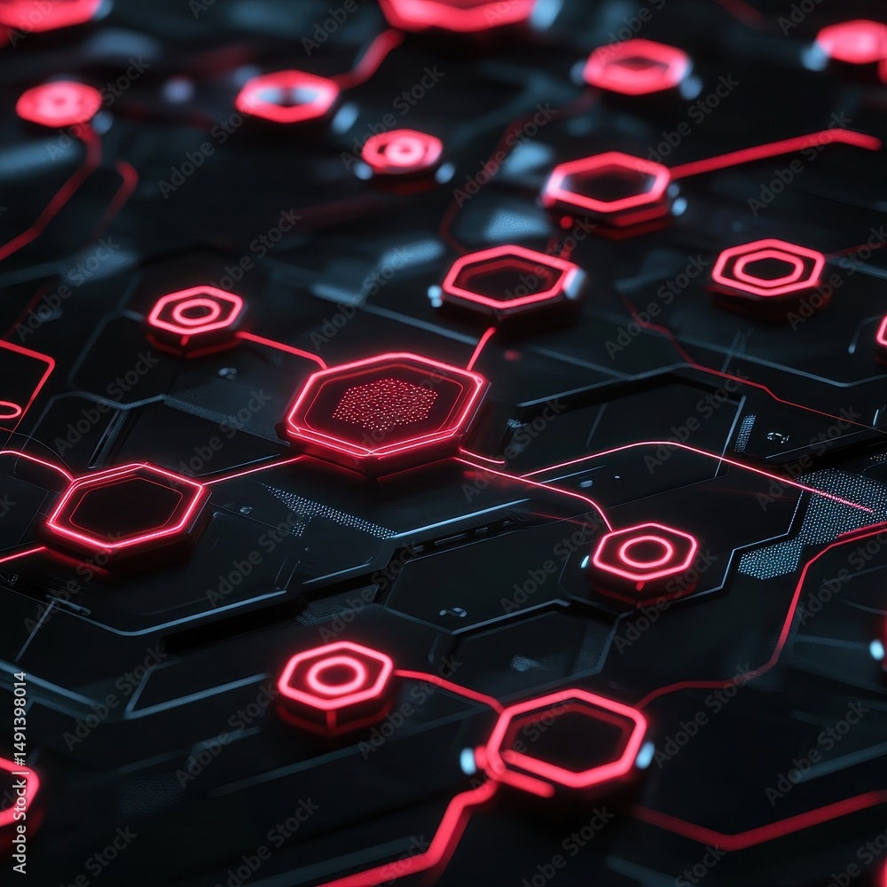 Obraz premium Futuristic Cybernetic Network: Glowing Hexagonal Digital Technology Background