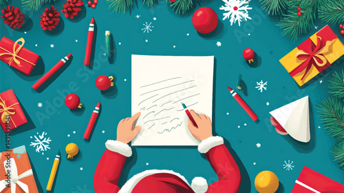 Child Writing Letter to Santa with Festive Supplies, Children Writing Letters to Santa