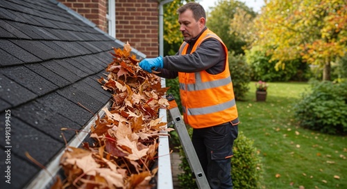 Man cleaning gutters full of autumn leaves on a ladder outdoors
