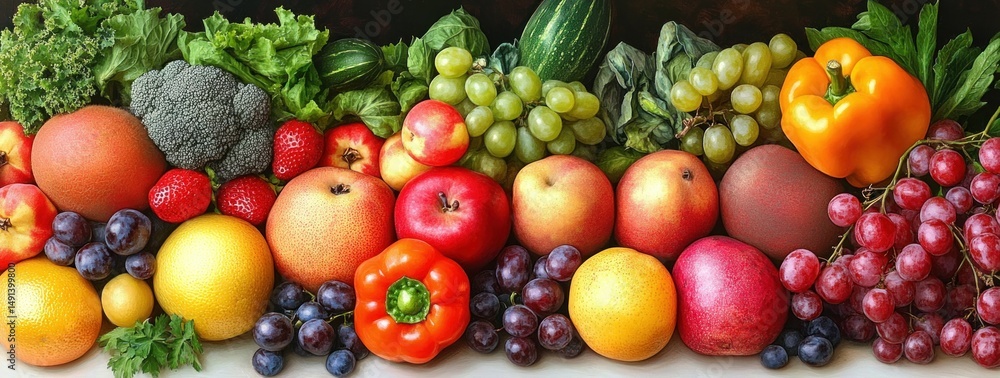 A vibrant assortment of fresh fruits and vegetables including grapes, bell peppers, apples, peaches, broccoli, lettuce, and other leafy greens arranged closely together A vibrant assortment of fresh fruits and vegetables including grapes, bell peppers, apples, peaches, broccoli, lettuce, and other leafy greens arranged closely together