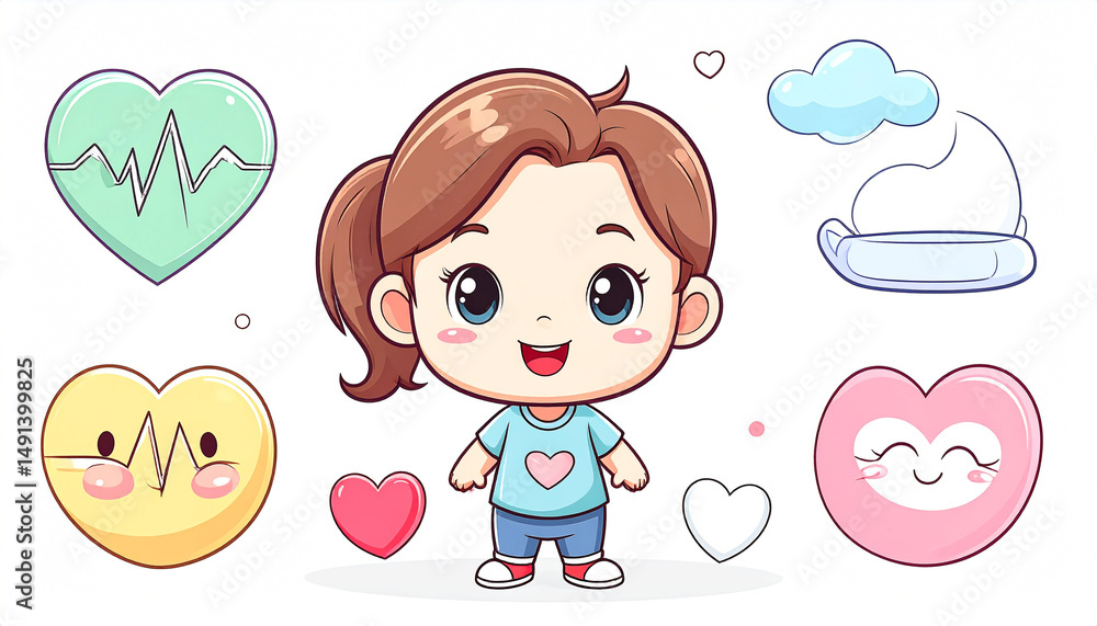 A cheerful cartoon girl surrounded by hearts, a heartbeat monitor, a face mask, and clouds, suggesting health and well-being A cheerful cartoon girl surrounded by hearts, a heartbeat monitor, a face mask, and clouds, suggesting health and well-being