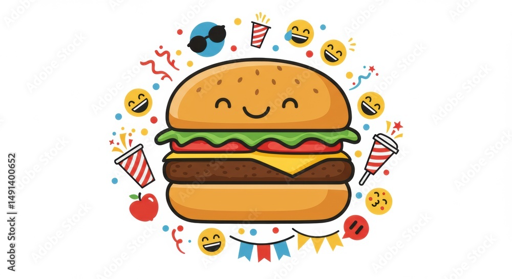 Adorable Hamburger Cartoon Character with Celebratory Emojis and Festive Accents Adorable Hamburger Cartoon Character with Celebratory Emojis and Festive Accents