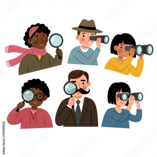 People Spying and Observing with Binoculars and Magnifiers Vector Illustration
