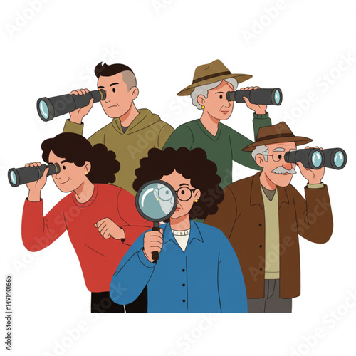 People Spying and Observing with Binoculars and Magnifiers Vector Illustration
