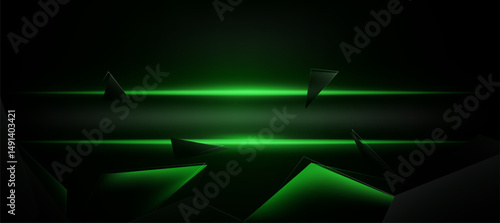 Abstract Neon technology background with glowing green lines and dark polygon for Digital Ads banner