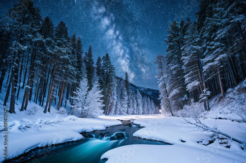 Crystal-clear stream in during snowfall