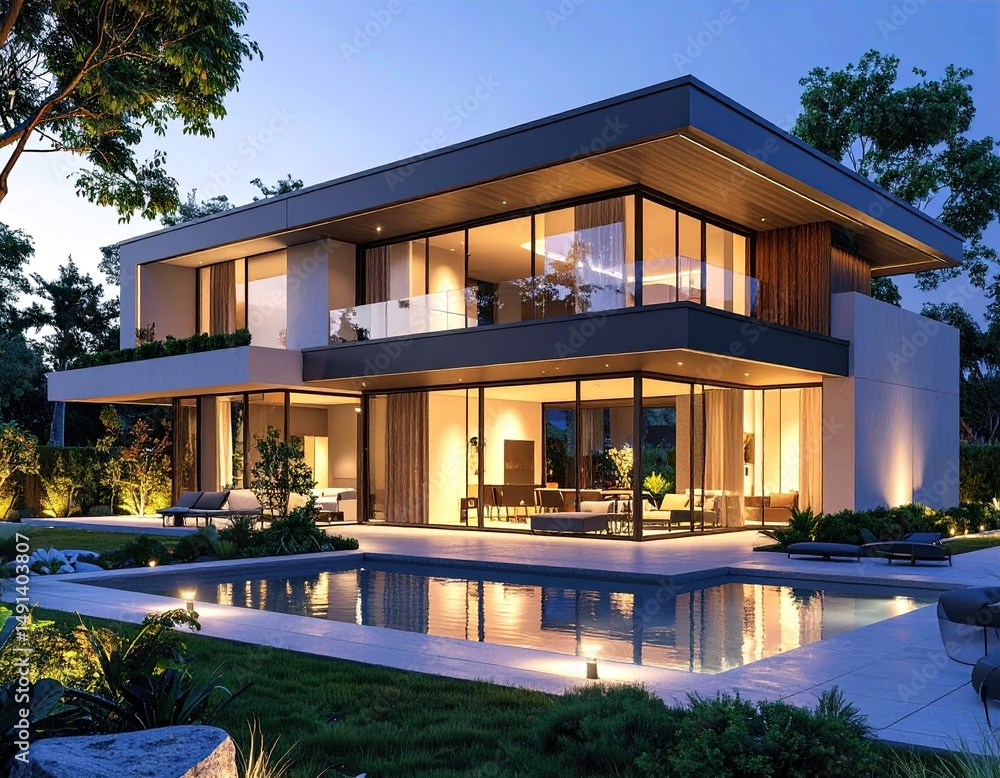 Fototapeta premium Modern Villa Oasis Poolside Luxury at Twilight. (1)