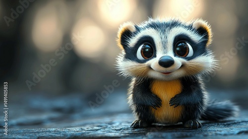 Cute cartoon raccoon, sitting, smiling