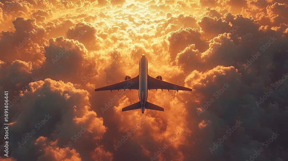 Naklejka premium Airplane Flying Above Dramatic Clouds at Sunset with Orange and Yellow Sky