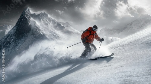 skier in red jacket skiing downhill on fresh snow with dramatic mountainous background and cloudy sky