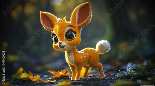 Adorable, cartoon fawn in a forest setting