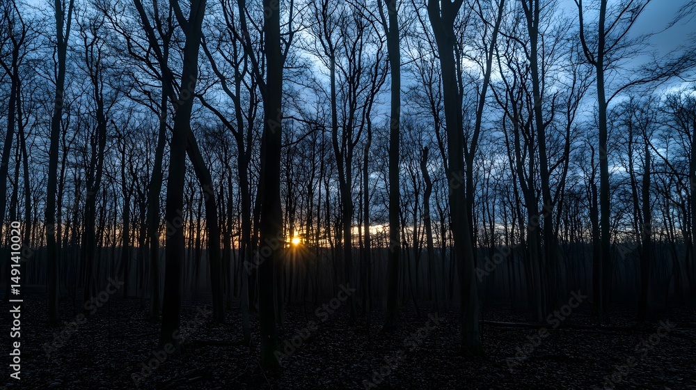 Fototapeta premium Sunset in Winter Forest Landscape, Silhouetted Trees
