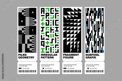 Graphic ticket template inspired brutalist vector layout with glitch geometry and bold typography for experimental poster digital artwork album cover banner pixel square triangle pattern futurism tech