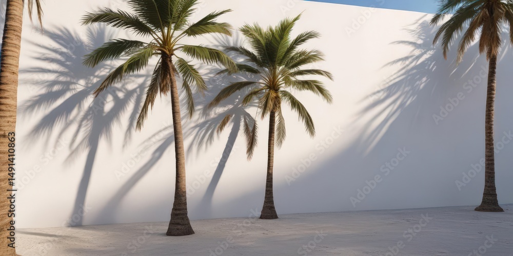 Obraz premium Long, dramatic palm tree shadow stretching across a white wall, vibrant tropical setting, nature, sun shadow