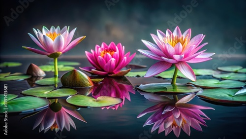 Serene aquatic blossoms reflecting in tranquil water, exhibiting vibrant pink hues and delicate petals, creating a peaceful and harmonious scene