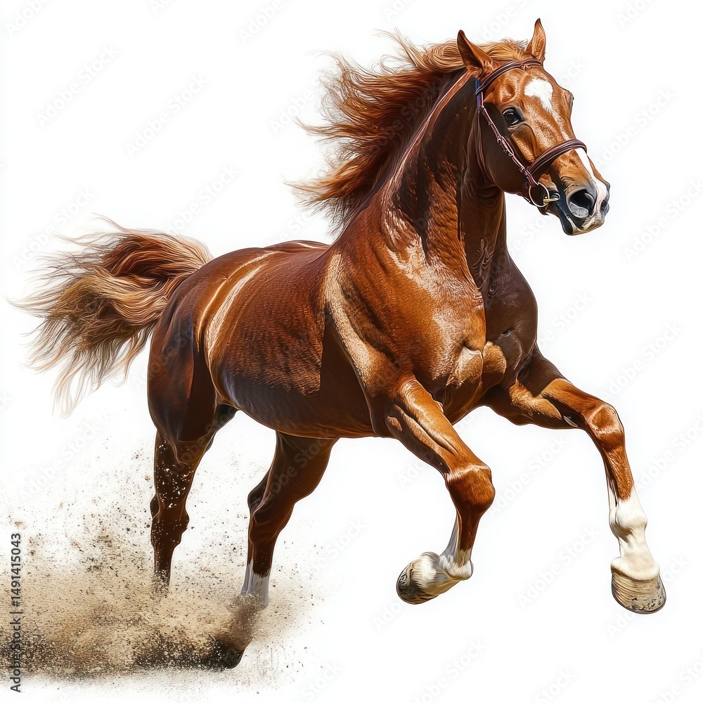 Obraz premium Powerful chestnut horse galloping energetically with flowing mane and tail kicking up dust against white background