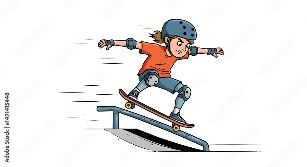 Fototapeta premium Cartoon-styled child skateboarder performs radical trick on handrail with dynamic lines and vibrant visuals