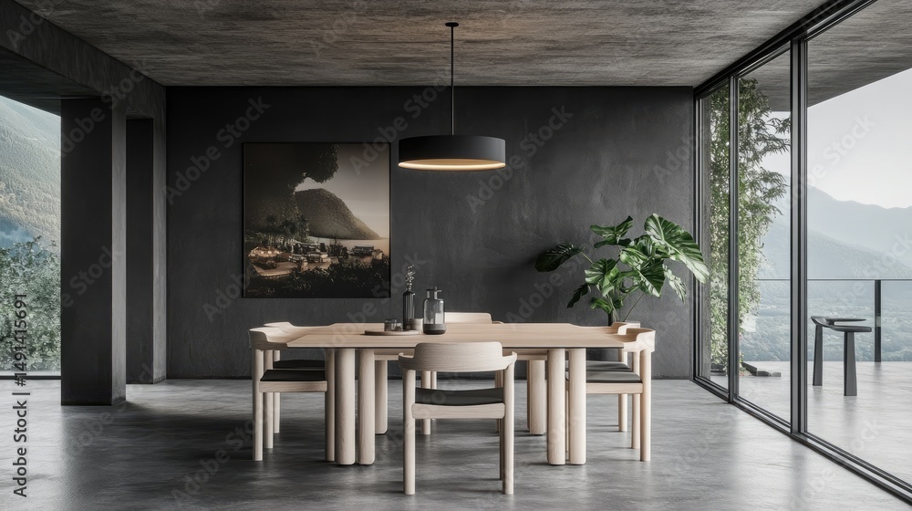 Fototapeta premium Modern dining room design with panoramic views.