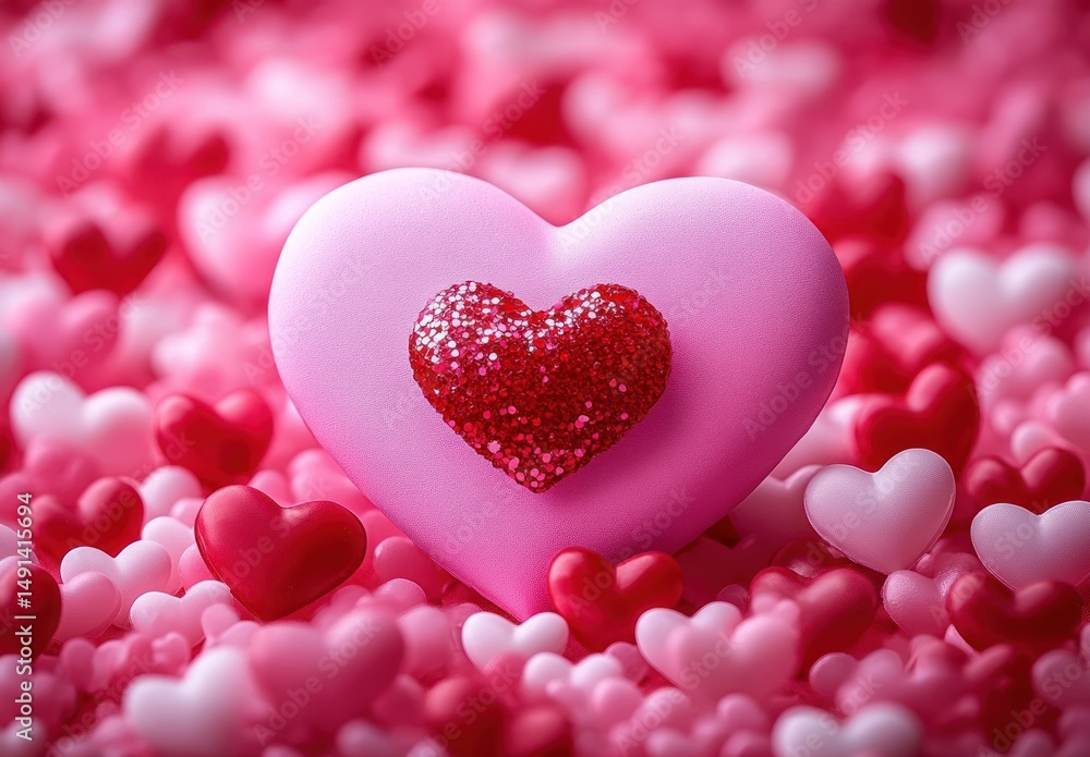Obraz premium Close-up of various pink and red heart shapes with one large pink heart featuring a smaller red glittery heart at the center surrounded by small hearts creating a romantic and festive atmosphere