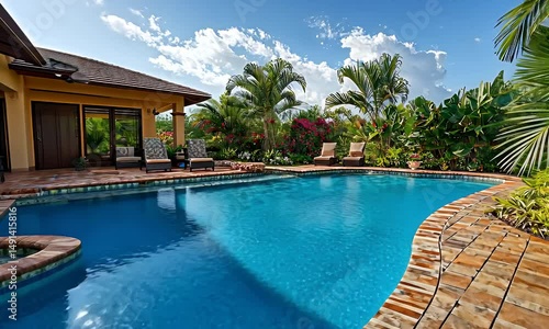 Blue Swimming Pool Surrounded by Brick Paving Under Bright Sky with Lush Garden and Cozy Patio Area for Leisure Travel