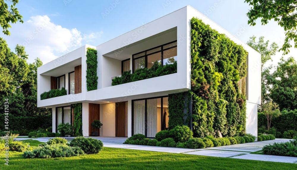 Fototapeta premium Modern Green Oasis Stylish Home Exterior with Vertical Garden Design.