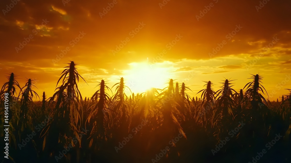 Obraz premium Silhouette Hemp Plants Sunset Golden Hour Agriculture Field