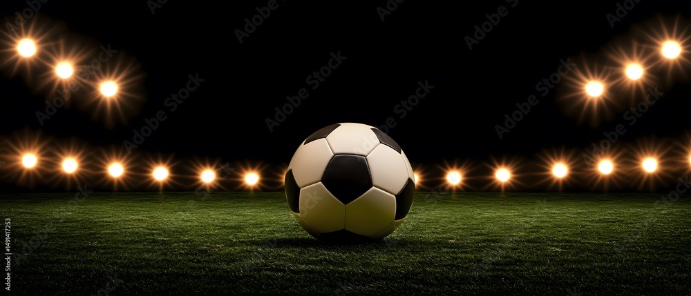 Fototapeta premium Soccer Ball on Green Field at Night Stadium Lights